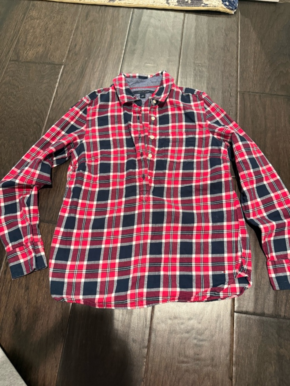 Tommy Hilfiger Red and Navy Plaid Long-Sleeve Button-Down